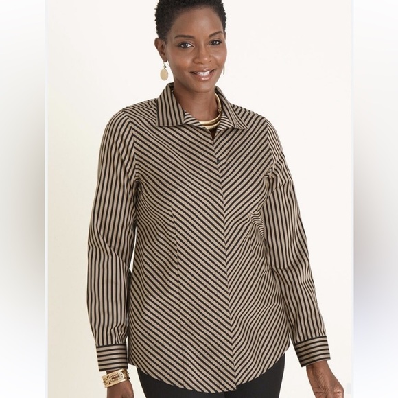 EUC Chicos No Iron Button Down Stripe Top Gold Black size XL - Picture 2 of 11